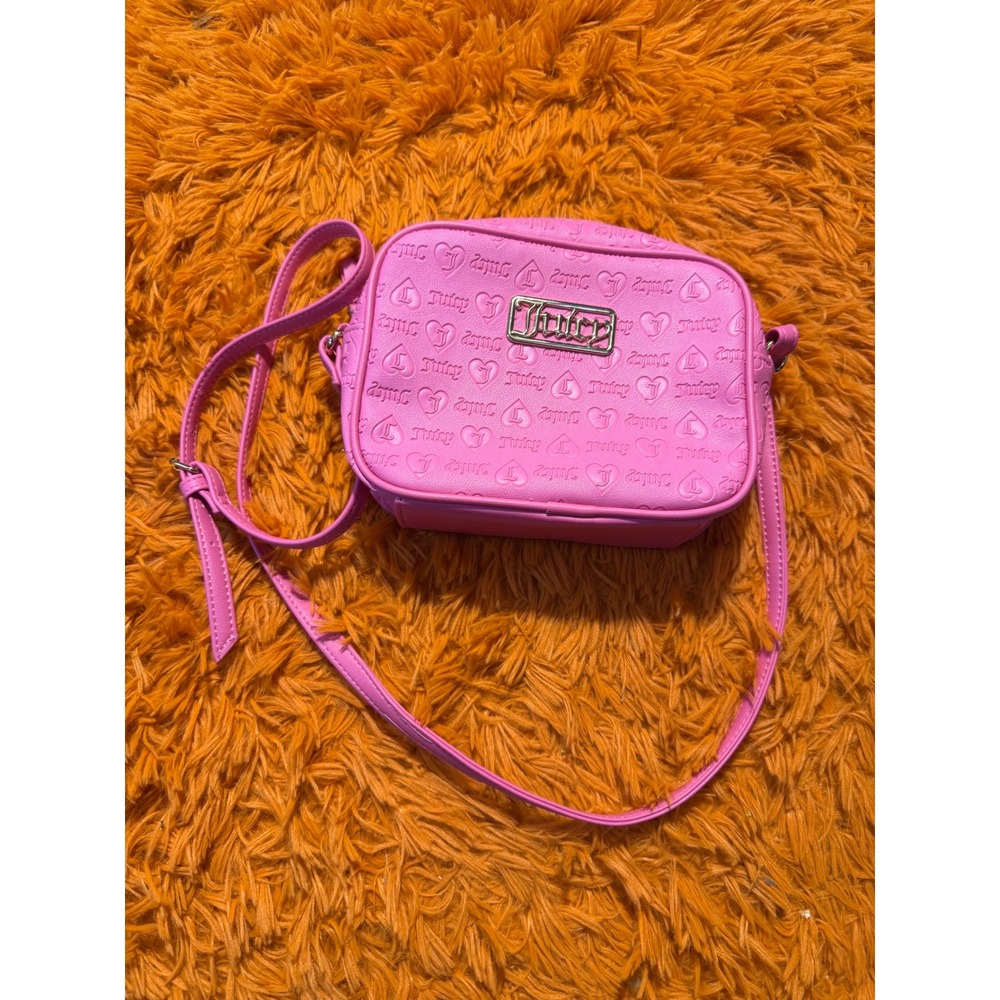 Juicy Couture Pink Embossed Heart Logo Crossbody Camera Bag Gold Tone Hardware